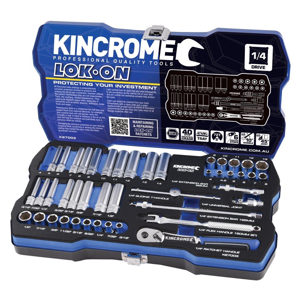 KINCROME LOK-ON SOCKET SET 45 PIECE 1/4'' DRIVE - METRIC & IMPERIAL